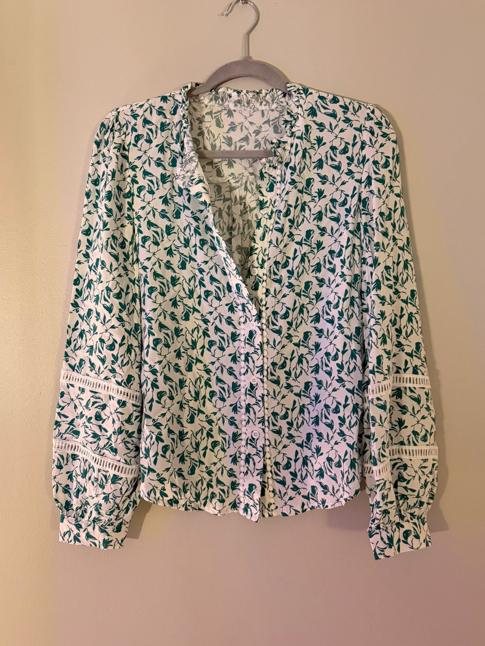 Floral Button-Front Blouse in Green and White